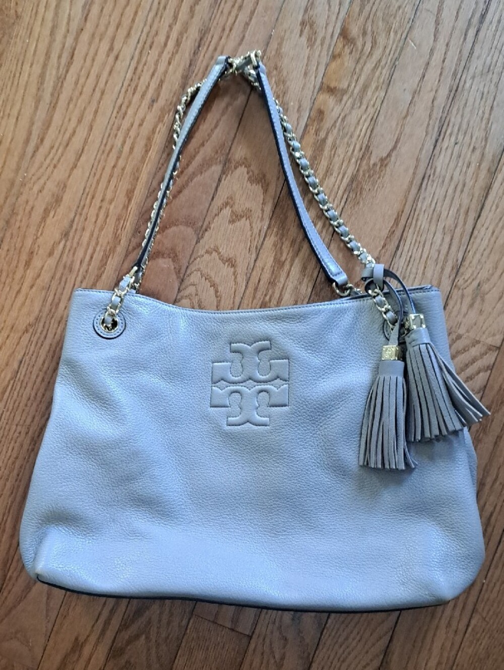 Tory Burch Light Grey Leather Chain-Handle Shoulder Tote with Tassels